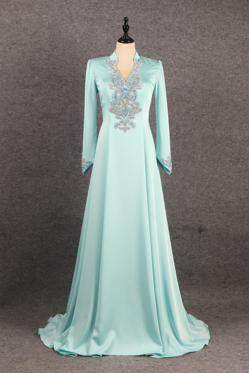 Formal Long Sleeves Beading A Line Zipper Back Long Prom Dresses Y0376