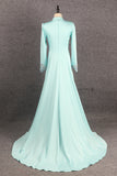 Formal Long Sleeves Beading A Line Zipper Back Long Prom Dresses Y0376