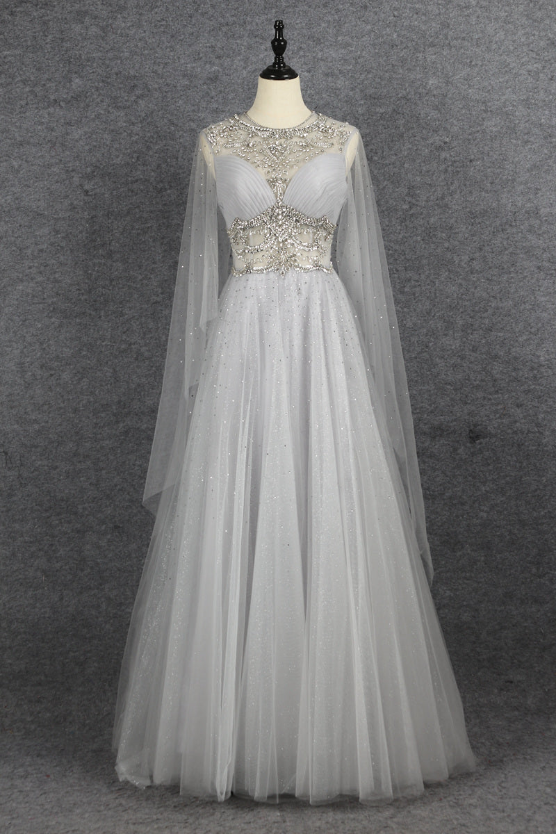 Pretty A Line Light Gray Beading Tulle Long Princess Prom Dresses Y0378