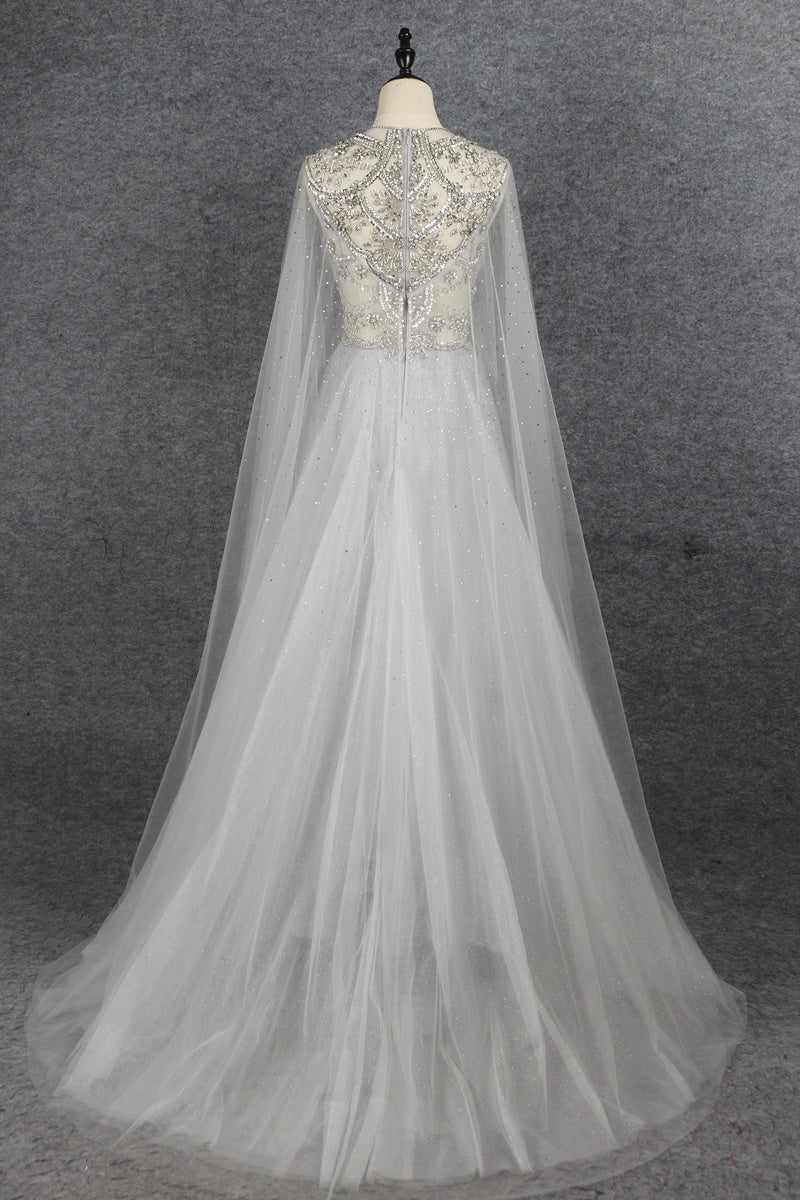 Pretty A Line Light Gray Beading Tulle Long Princess Prom Dresses Y0378