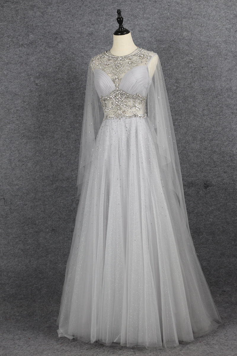 Pretty A Line Light Gray Beading Tulle Long Princess Prom Dresses Y0378