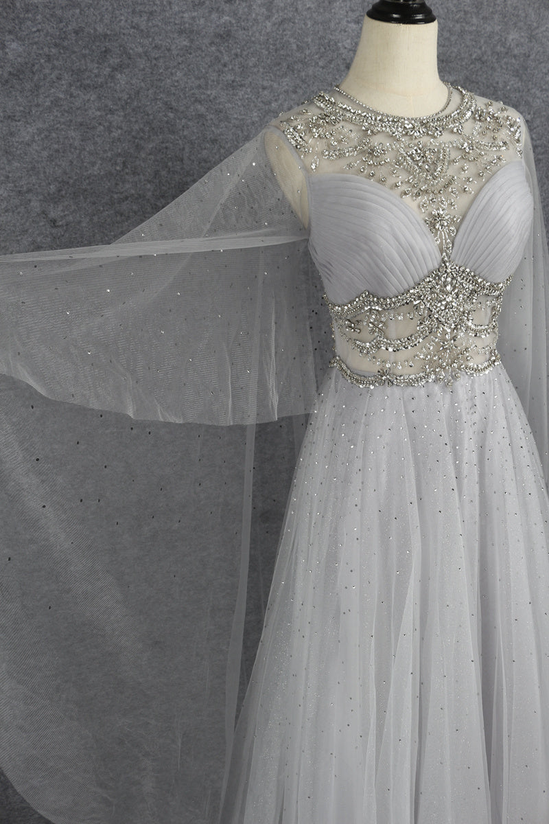 Pretty A Line Light Gray Beading Tulle Long Princess Prom Dresses Y0378