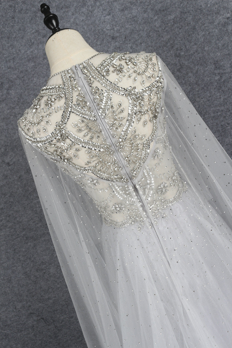 Pretty A Line Light Gray Beading Tulle Long Princess Prom Dresses Y0378