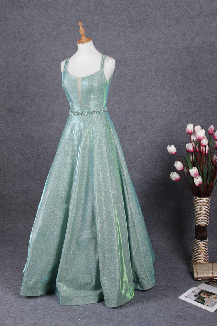 Glitter Spaghetti Straps Backless A Line Floor Length Long Prom Dresses Y0380