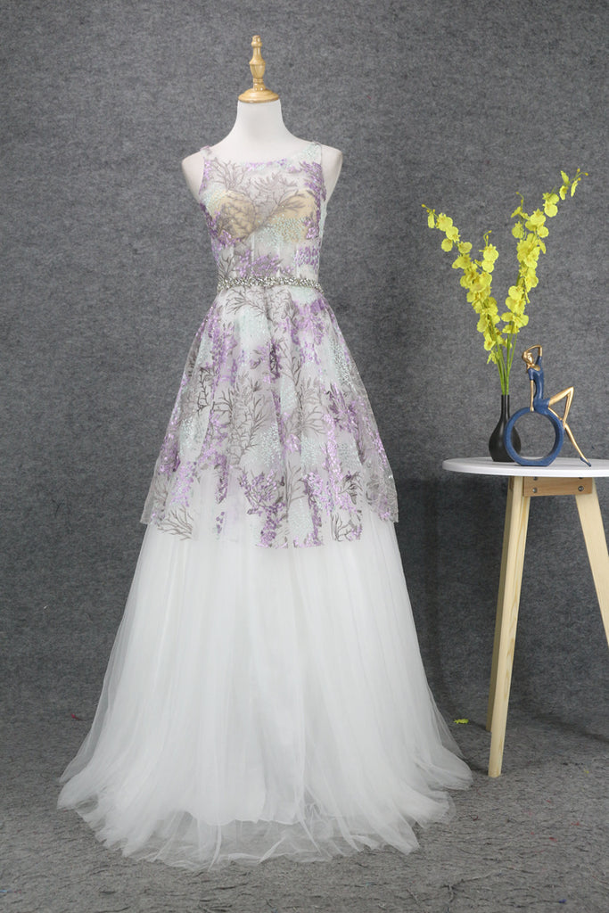 Flowy Zipper Back A Line Lace Tulle Long Prom Dresses Y0381