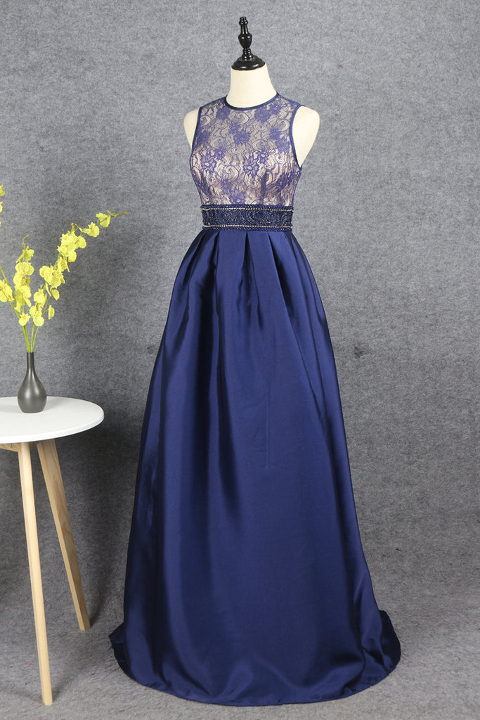 Modest A Line Lace Satin Beading Zipper Back Long Prom Dresses Y0382
