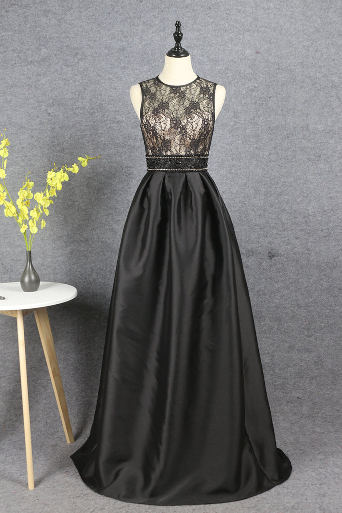 Modest A Line Lace Satin Beading Zipper Back Long Prom Dresses Y0382