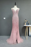 Stunning Front Split Backless Pink Beading Long Evening Prom Dress Y0386