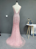 Stunning Front Split Backless Pink Beading Long Evening Prom Dress Y0386