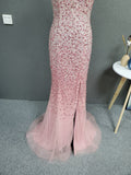 Stunning Front Split Backless Pink Beading Long Evening Prom Dress Y0386