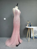 Stunning Front Split Backless Pink Beading Long Evening Prom Dress Y0386