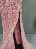 Stunning Front Split Backless Pink Beading Long Evening Prom Dress Y0386