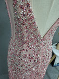 Stunning Front Split Backless Pink Beading Long Evening Prom Dress Y0386