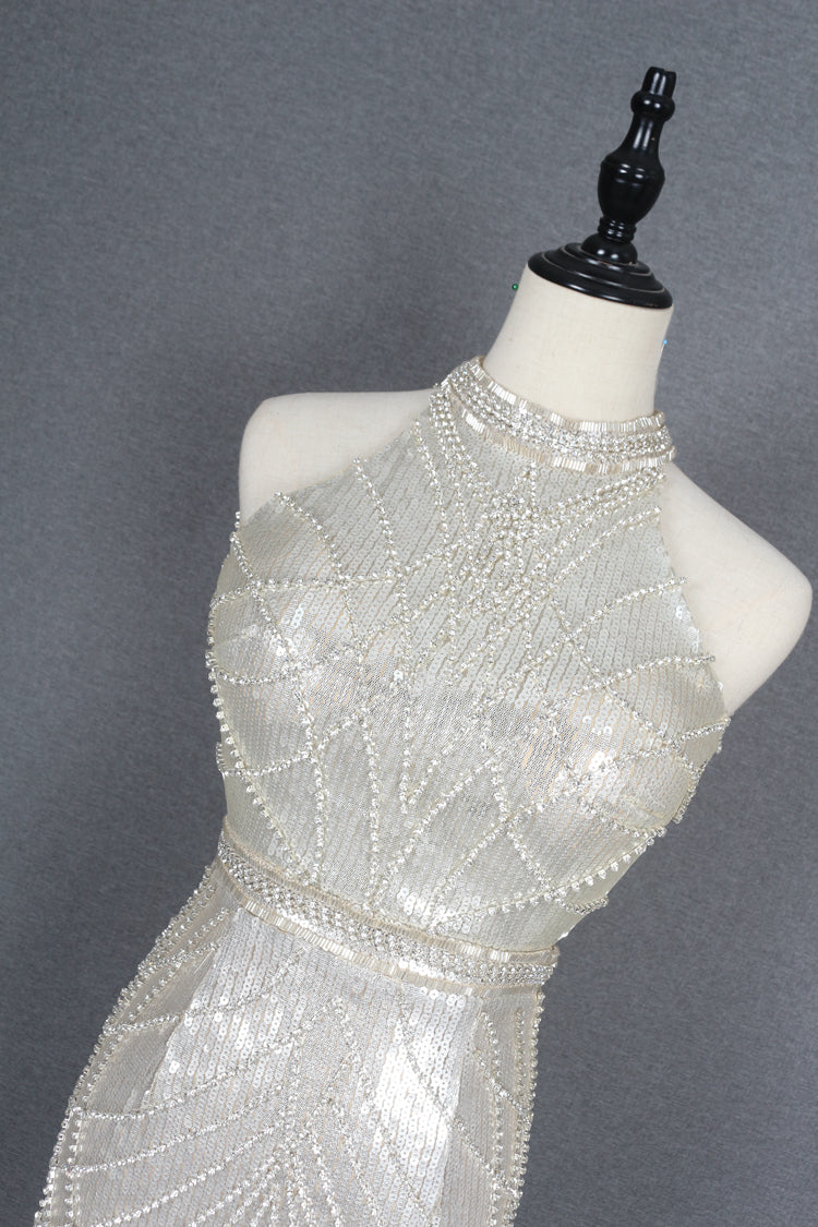 Pretty Halter Open Back Sheath Sequin Beading Long Prom Dresses Y0388
