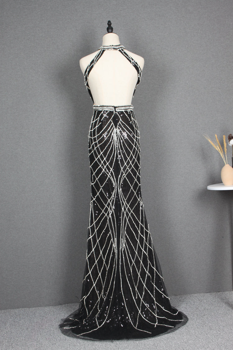 Classy Black And Silver Zipper Back Long Sheath Prom Dresses Y0389