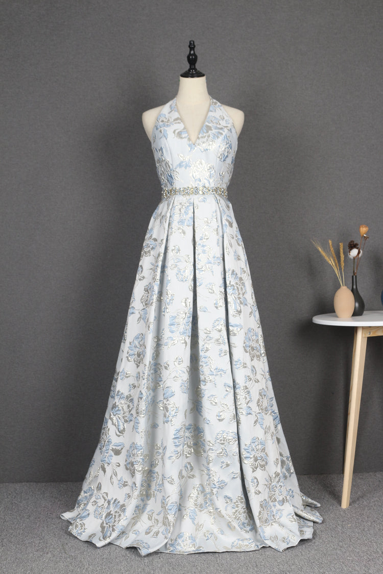 Light Blue Halter V-Neck A Line Long Prom Dresses Y0391