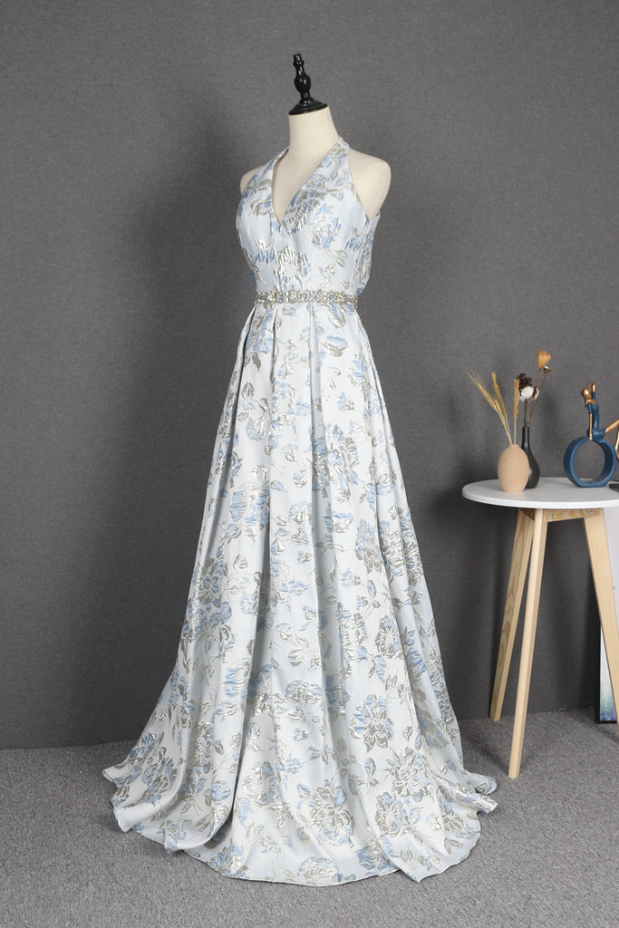 Light Blue Halter V-Neck A Line Long Prom Dresses Y0391