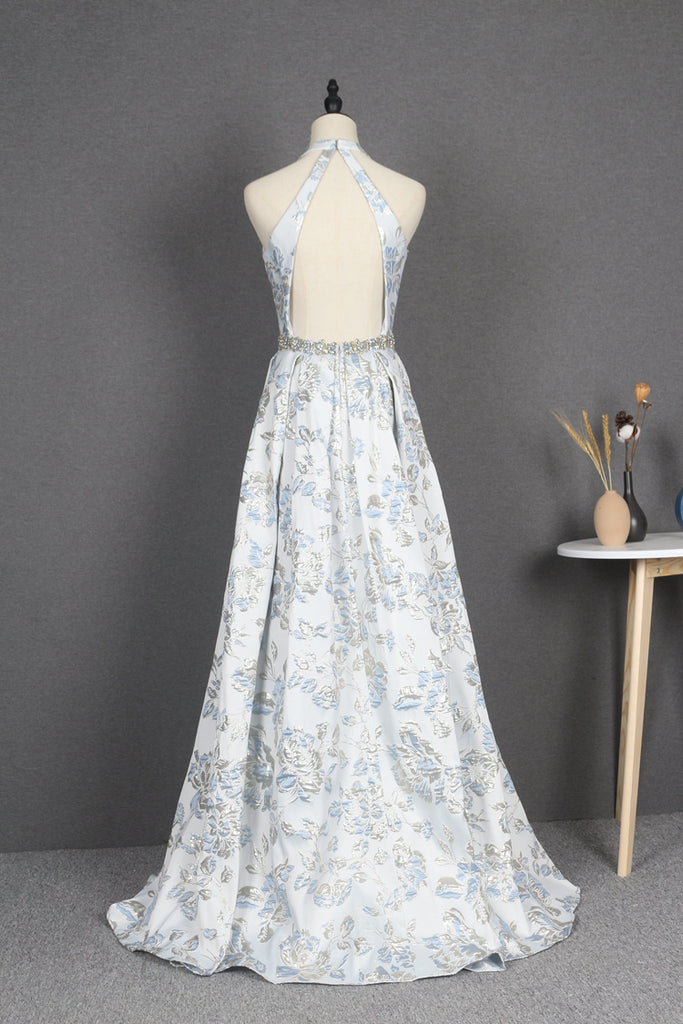 Light Blue Halter V-Neck A Line Long Prom Dresses Y0391