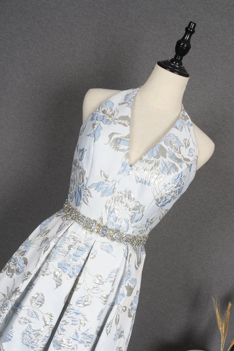 Light Blue Halter V-Neck A Line Long Prom Dresses Y0391