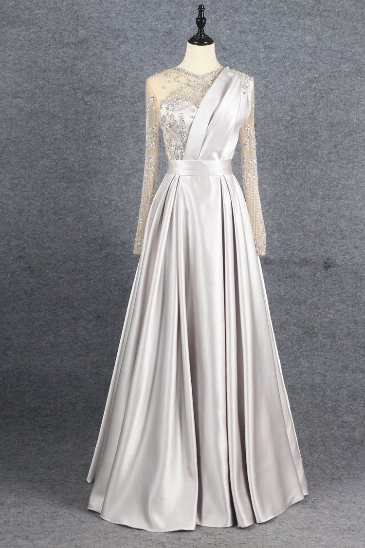 New Arrival Long Sleeves A Line Satin Beading Long Prom Dresses Y0394