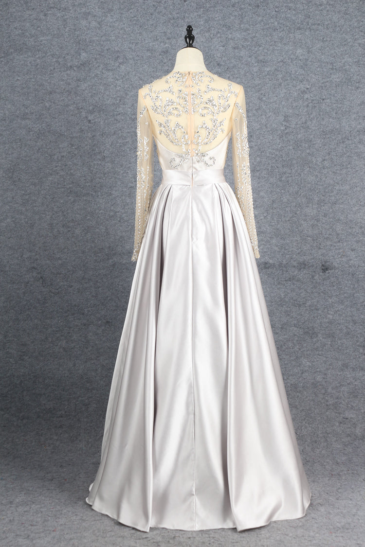 New Arrival Long Sleeves A Line Satin Beading Long Prom Dresses Y0394