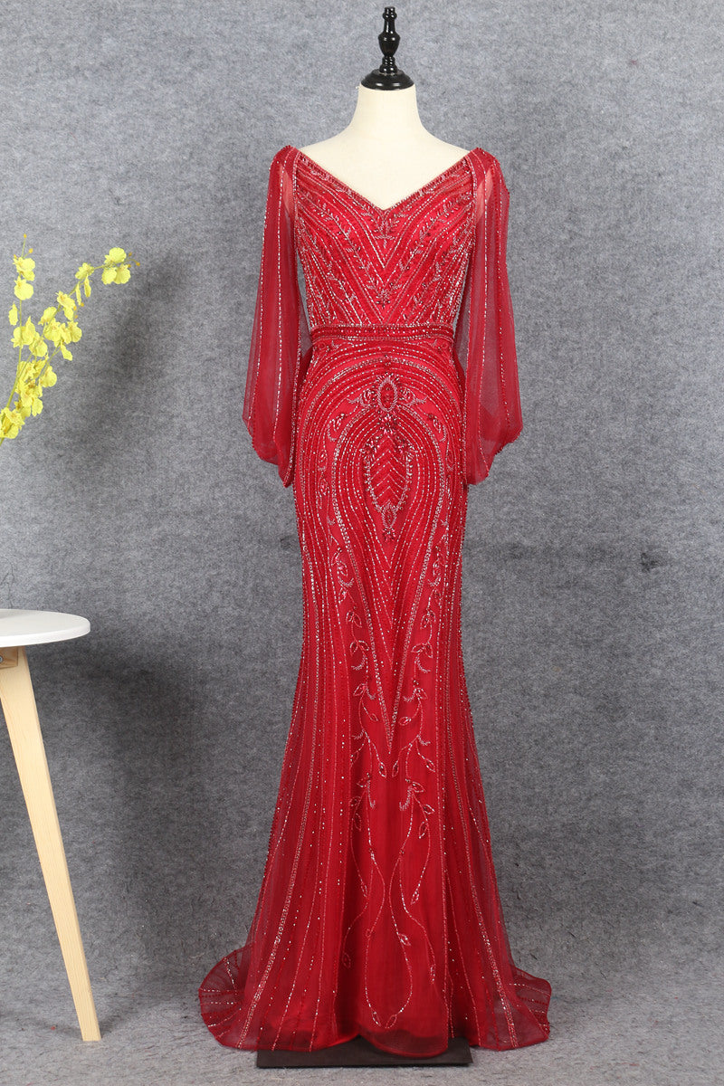 Gorgeous V-Neck Burgundy Tulle Beading Long Zipper Back Prom Dresses Y0395