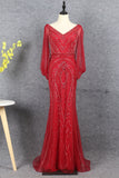 Gorgeous V-Neck Burgundy Tulle Beading Long Zipper Back Prom Dresses Y0395