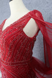 Gorgeous V-Neck Burgundy Tulle Beading Long Zipper Back Prom Dresses Y0395