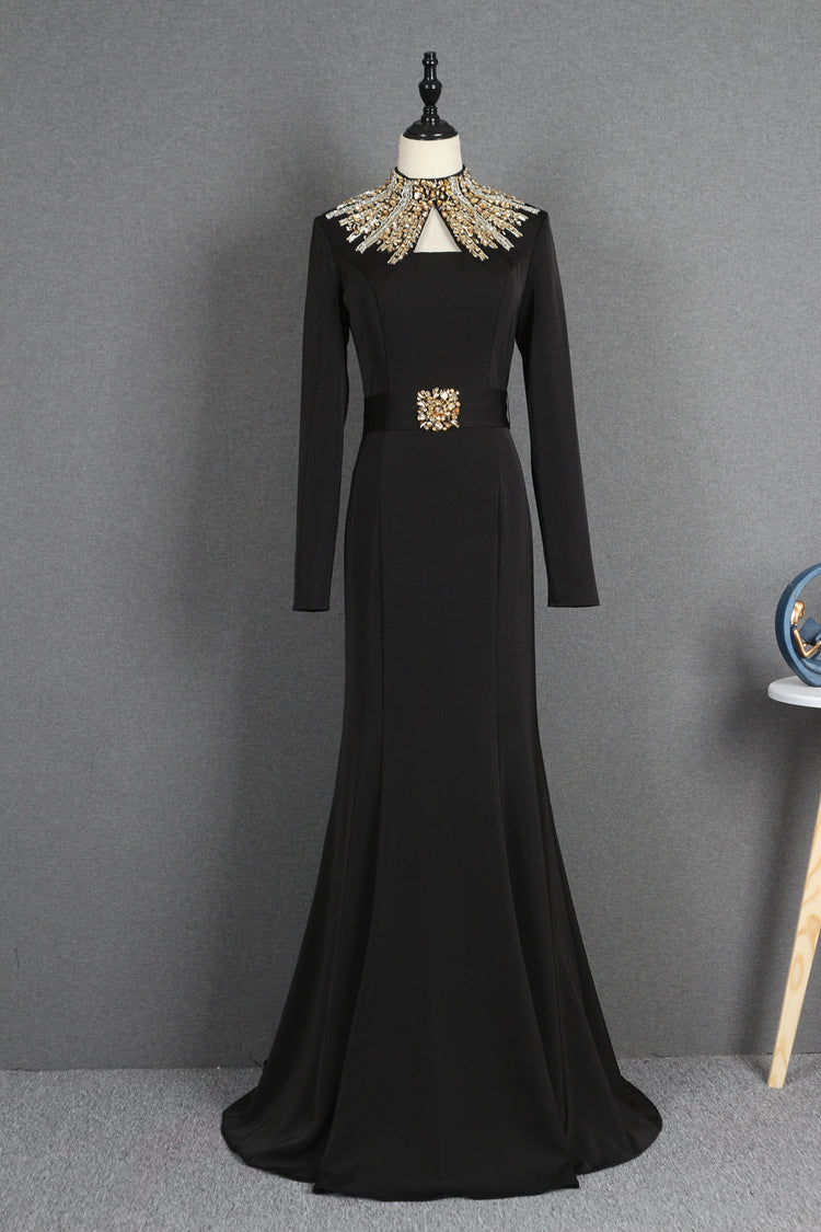 Charming High Neck Black Beading Long Sleeves Prom Dresses Y0397