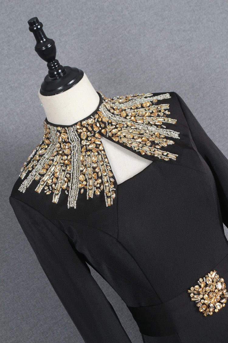 Charming High Neck Black Beading Long Sleeves Prom Dresses Y0397