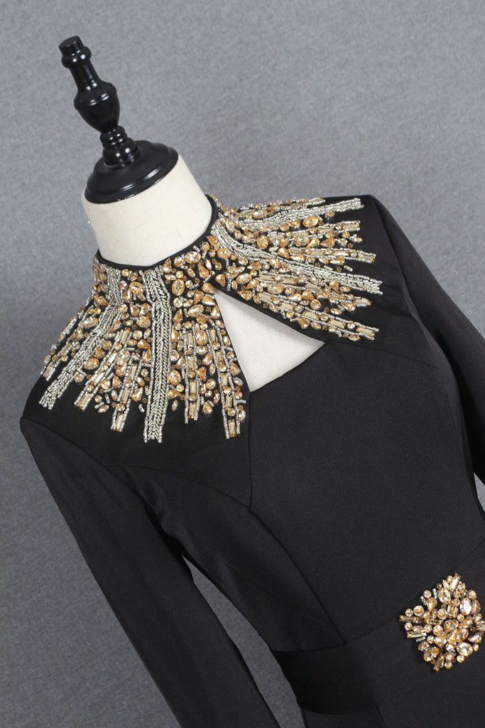 Charming High Neck Black Beading Long Sleeves Prom Dresses Y0397 ...