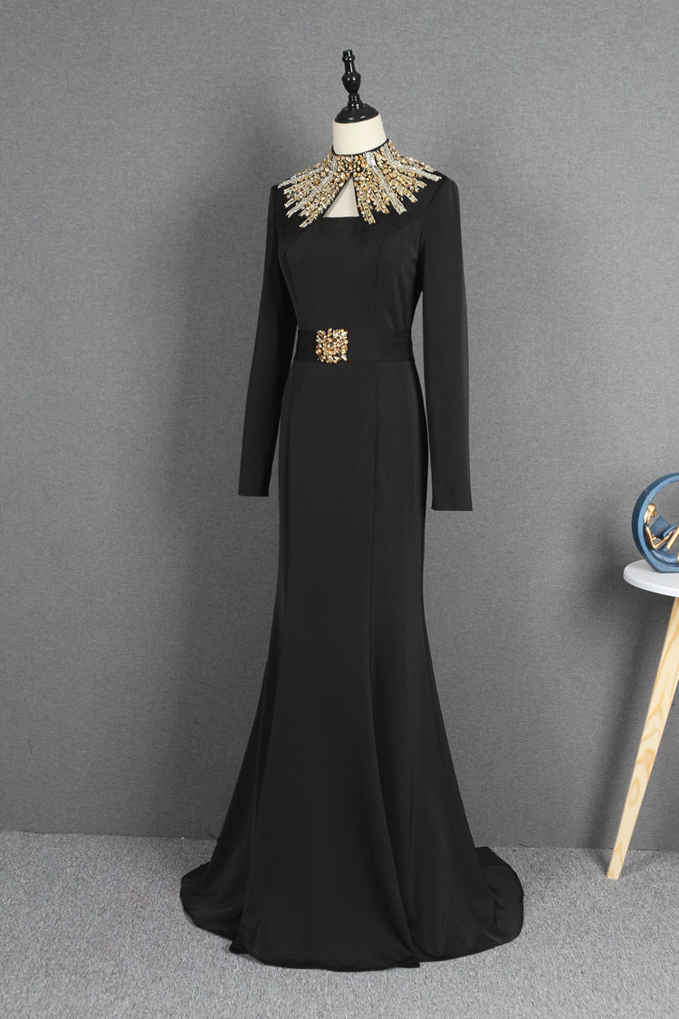 Charming High Neck Black Beading Long Sleeves Prom Dresses Y0397