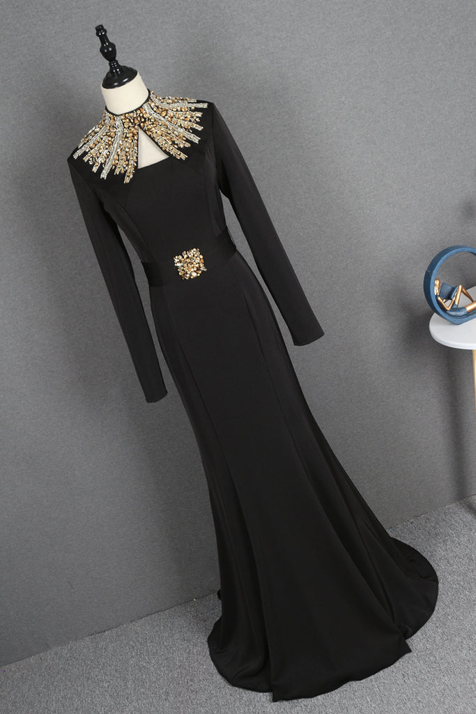 Charming High Neck Black Beading Long Sleeves Prom Dresses Y0397