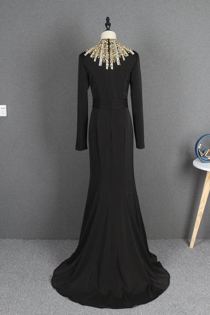 Charming High Neck Black Beading Long Sleeves Prom Dresses Y0397