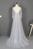Modest Long Sleeves Beading Tulle Long Backless Long Prom Dresses Y0398