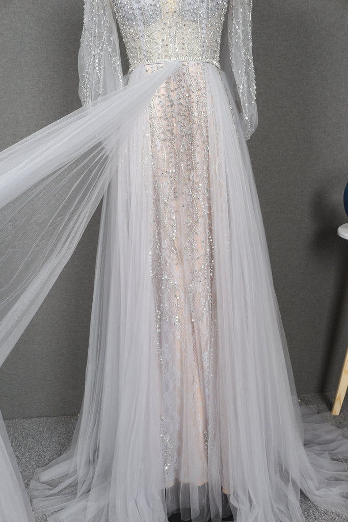 Modest Long Sleeves Beading Tulle Long Backless Long Prom Dresses Y039 ...