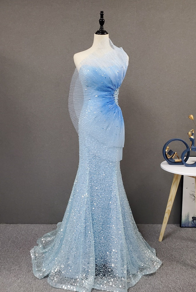 Shiny Strapless Mermaid Light Blue Ombre Long Prom Dress Y0399 ...