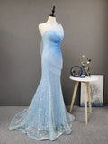 Shiny Strapless Mermaid Light Blue Ombre Long Prom Dress Y0399