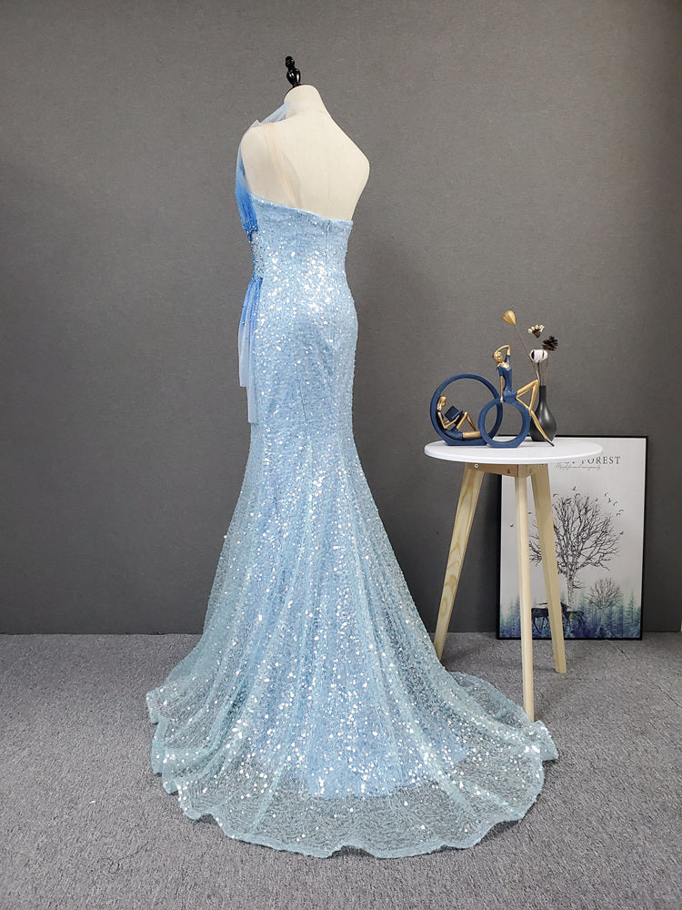 Shiny Strapless Mermaid Light Blue Ombre Long Prom Dress Y0399