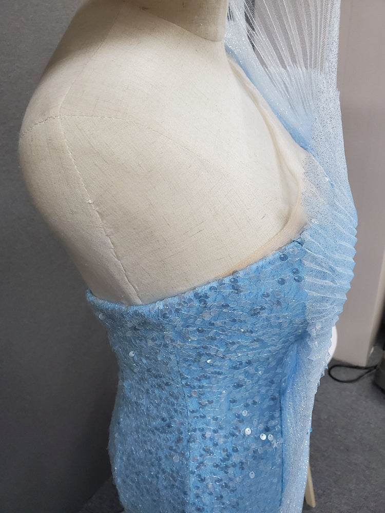 Shiny Strapless Mermaid Light Blue Ombre Long Prom Dress Y0399