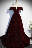 Charming Off The Shoulder Burgundy Shiny Long Prom Dresses Y0413