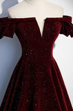 Charming Off The Shoulder Burgundy Shiny Long Prom Dresses Y0413