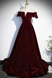 Charming Off The Shoulder Burgundy Shiny Long Prom Dresses Y0413