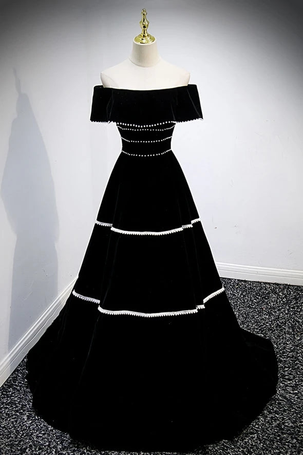 Off The Shoulder Black And White Long Prom Dresses Y0414