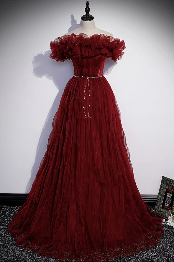 Pretty Off The Shoulder Burgundy Long Tulle Prom Dresses Y0416