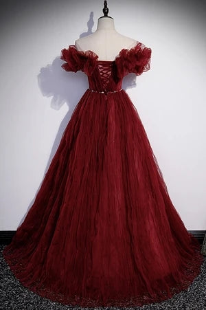 Pretty Off The Shoulder Burgundy Long Tulle Prom Dresses Y0416