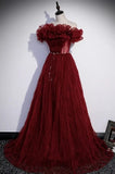 Pretty Off The Shoulder Burgundy Long Tulle Prom Dresses Y0416