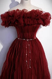 Pretty Off The Shoulder Burgundy Long Tulle Prom Dresses Y0416