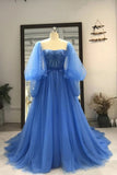 A Line Long Sleeves Blue Tulle Princess Long Prom Dresses Y0417