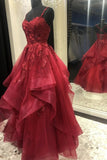 Burgundy Spaghetti Straps Ruffles Long Prom Dresses With Appliques Y0425